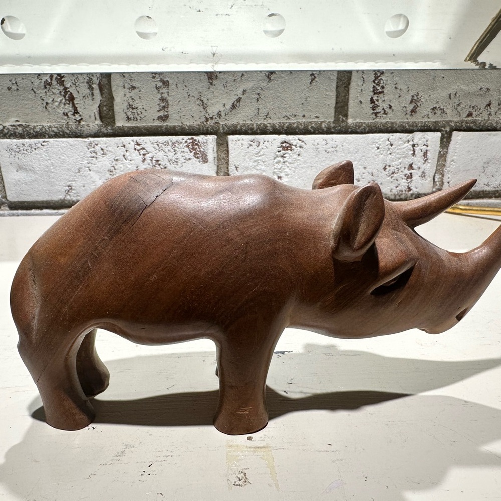 Hand-Carved Wooden Rhino Sculpture - Brown